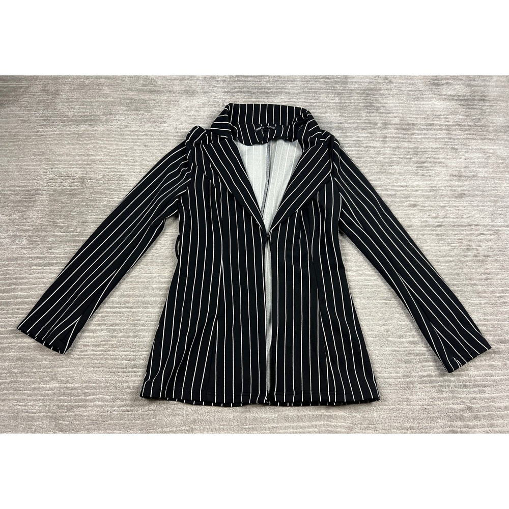 Shein Blazer Womens Small Black White Pinstripe Open Front Notched Lapel Stretch
